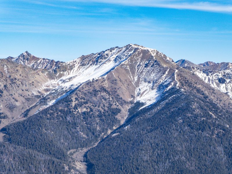 Bare dirt is the name of the game on the south, southwest and western exposures of the Boulder Mountains. Some snow is hanging in the northwest bowl of Galena Peak.