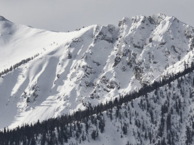 This large natural avalanche ran during the most recent storm. It failed on a NE aspect at 9,400' on McDonald Peak in the Sawtooth Mountains