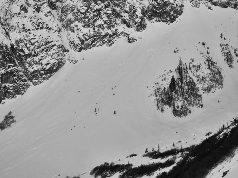 This avalanche failed during the storm on December 7-8 below Profile Lake in the Sawtooth Mountains at 8,700' on a northeast-facing slope. Nearby snowpits indicate it failed on either a layer of surface hoar and near surface facets, or a deeper layer of depth hoar. 