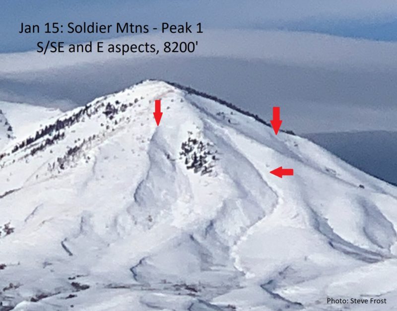 Three large avalanches on Peak 1, visible from Fairfield. Two slides on S/SE face and one on E aspect. Photo: Steve Frost.