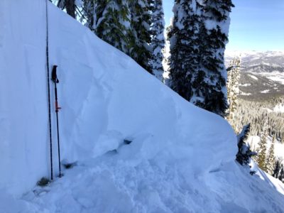 5-6' crown of very large deep slab avalanche that released south of Copper Mountain. The avalanche released on weak, sugary snow near the ground. 8700', E aspect.