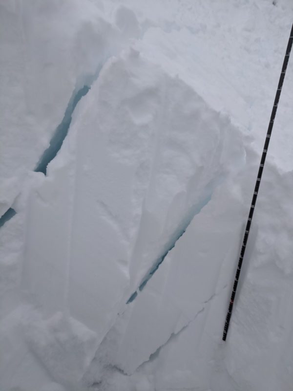 Cracks over 1m deep in HS to DH, but not steep enough to slide. Triggered by cornice drop on Titus ridge.