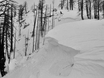 This large natural avalanche failed on a NE facing slope at 8600 in the 4th of July Creek Drainage in the White Cloud Mountains. It failed on weak snow near the ground and was triggered by a collapsing cornice.