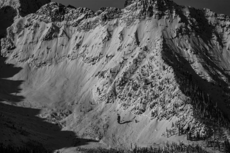 Very large natural avalanches were observed throughout the Sawtooth Mountains, following a storm that brought up to 3" of snow water equivalent to this area. Several crowns are visible in  this photo of the north arm of Williams Peak. Much of this terrain had already avalanched once this year. Photo: T. Haskins