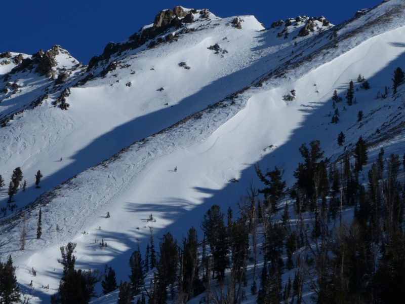 Drainage wind yesterday and last night cross-loaded these mid-slope gullies in the Boulder Mountains. 