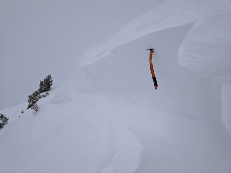 Thick portion of the crown of an avalanche that occurred south of Gladiator Ck. The avalanche failed on a persistent weak layer near the base of the snowpack during Monday's wind event. 