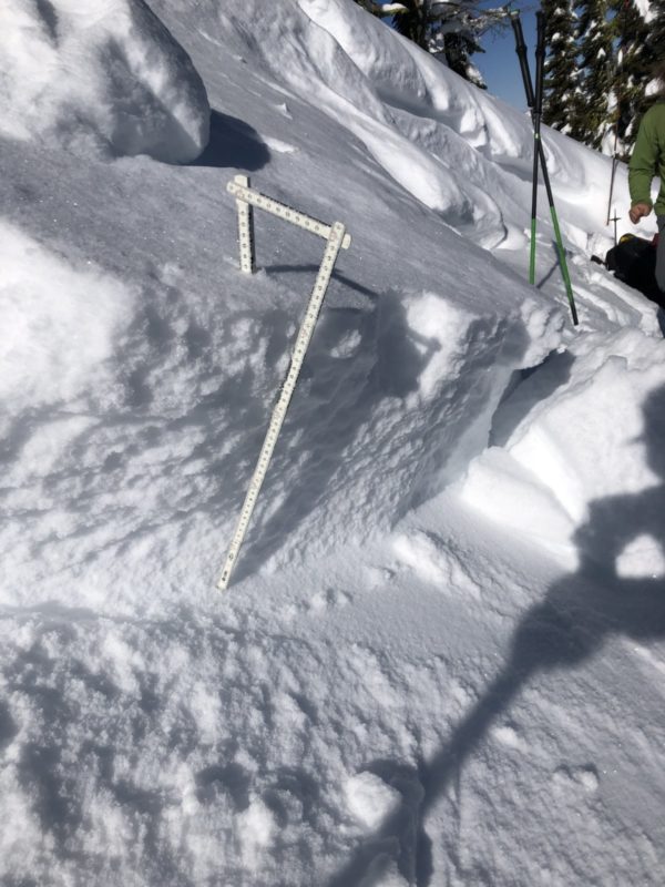 The slide was 40 cm deep and failed in a layer of preserved low-density and lightly faceted snow. This photo was taken after stomping above the crown to expose a clean section of the crowns face. 

Banner Summit Zone - Copper Mountain, 8,800', E-facing slope. 