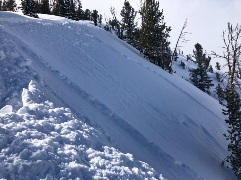 Two wind slabs triggered with ski cuts in the Northern Sawtooths. These broke 8-12 inches deep. 8300', NE