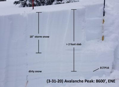 (3-31-2020) Pit near Galena Summit (Avalanche Peak) at 8600' on an E-NE aspect. A layer of weak, faceted snow buried about 2 feet deep produced unstable test results. The same layer has been responsible for avalanches just west of this zone before the recent storm. 