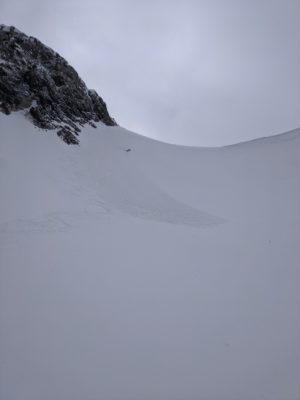 Small avalanche on N facing slope around 10600' in the Cierro Ciento area. Artificially triggered by ski cut, crown approx 4" high.