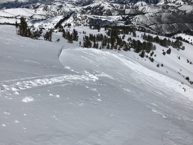 (4-2-20) A snowmobiler triggered this hard slab avalanche on a wind-loaded, east-facing slope near 9350' in the Soldier Mountains today. Fortunately, the rider escaped the slide. The avalanche crown is on a slope as gentle as 15 degrees. Mark Westerdoll photo.