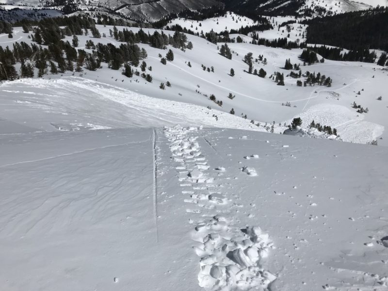 (4-2-20) View from just above the crown of Thursday's snowmobile triggered avalanche in the Soldier Mtns. The slope (E, 9350') was heavily wind-loaded by strong NW winds at the end of the recent storm. Mark Westerdoll photo.