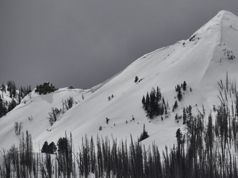 (4/5/2020) SE facing slope at 9,100', just SW of Dollarhide Summit. Crown spans the width of the pictured slope, estimated 1-2' deep. Failed in heavily wind-loaded terrain, likely sometime during last week's storm. Suspect presence of persistent weak layer based on width of crown.