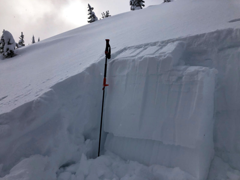 Snowpit at 8800' on an E aspect near Copper Mountain in the Banner Summit zone. The test failed 2' deep (ECTP14) on the very weak facet layer. This pit was located above a slope that avalanched naturally.