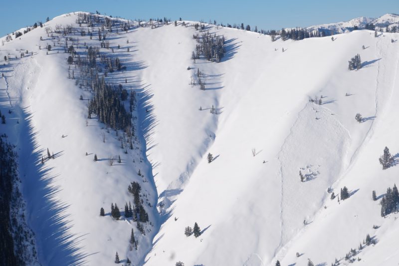 These persistent slab avalanches released naturally in the Paradise Ck drainage in the western Smoky Mountains, likely on Sunday or Monday (Dec 20-21). E aspect near 9000'.  