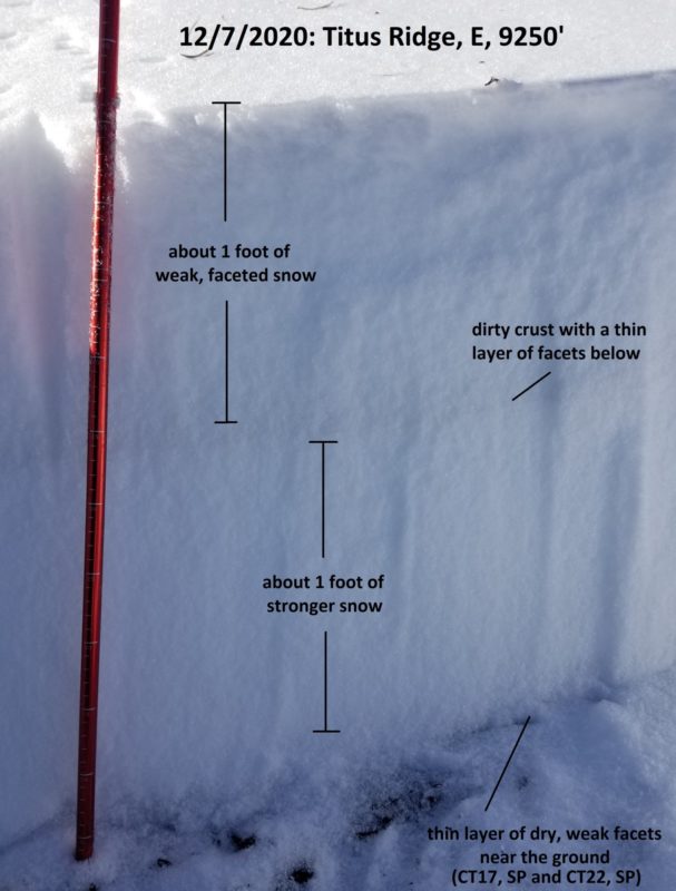 Photo of a snowpit on an E aspect at 9250' near Titus Ridge. 