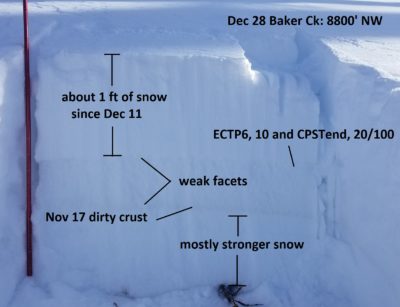 Snowpack on a NW aspect near 8800' in the Baker Ck drainage.  This site had some wind-effects, and we experienced widespread collapsing in this area. 