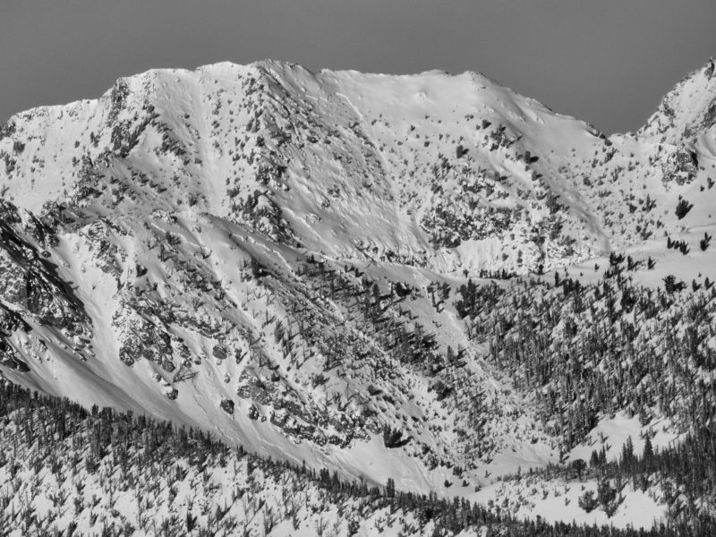 Large natural avalanches are visible on McDonald Peak (foreground) and Parks Peak (background). These slides broke hundreds of feet wide, failing at the end of the storm on Saturday. 