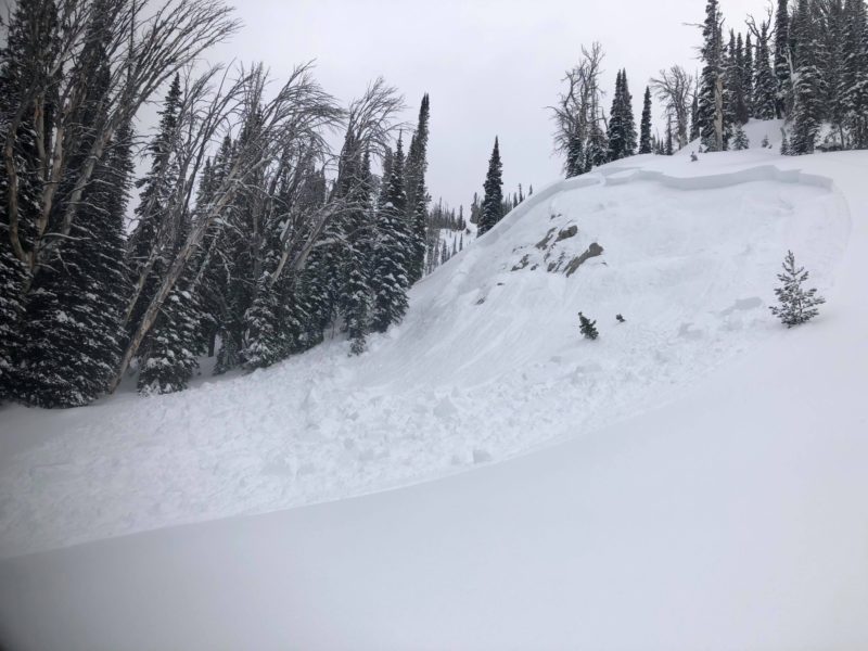 This small persistent slab avalanche was triggered remotely on Friday by riders playing in low angle terrain. 8500', N, Western Smoky Mountains.