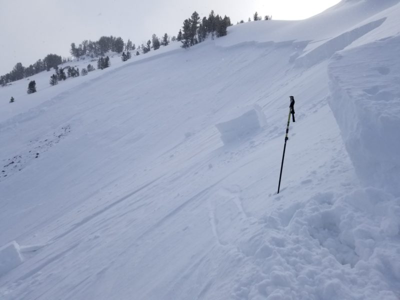 Crown of a large avalanche that was triggered in the Alturas drainage on Saturday. The slide was released remotely from an adjacent ridge. Sawtooths & Western Smoky zone.