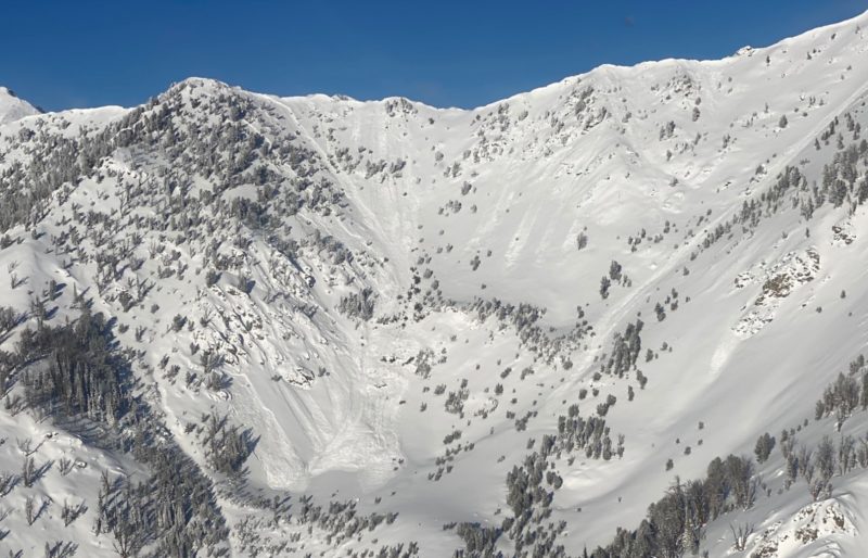 This large persistent slab avalanche released naturally during the Jan 4-5 storm on an E aspect near 9900' in the Goat Ck drainage (near Durrance Mtn).  Sun Valley Heli Ski photo.