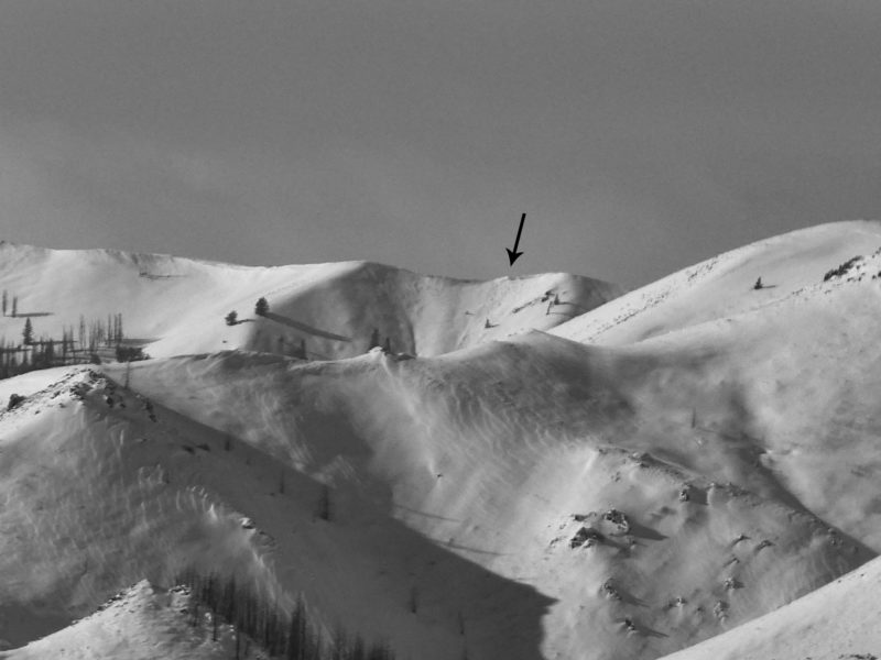 A small avalanche near the head of Greenhorn along a wind-loaded ridge line. 