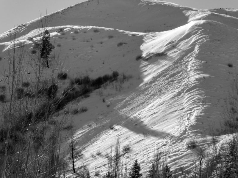 A small avalanche near the mouth of Greenhorn above Golden Eagle subdivision. The slide likely occurred late Monday night or early Tuesday. Subsequent N wind has drifted in most of the crown.  