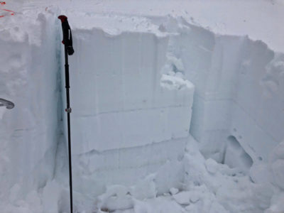 Snowpit at 8800', E. 12/11 layer is beneath a dense, 90cm slab that is 1F hardness for the bottom half. 