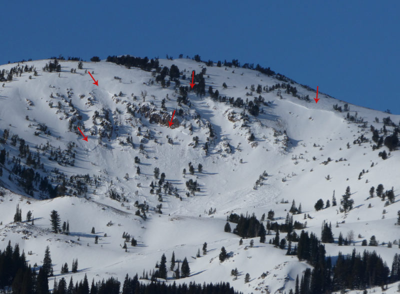A collection of avalanches including shallower wind slabs and deeper persistent slabs on the E-face of Peak 2 in the Soldier Mountains. Crowns spanned the entire bowl. Some sections of the crown are highlighted with red arrows. E to SE facing slopes at 9,200'.