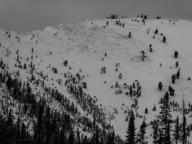 A large slab avalanche that failed during the Jan 4-5th storm. E-facing slope at 9,500'. Scoured to the ground in some areas. 