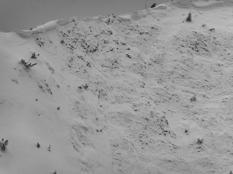 A large slab avalanche that failed during the Jan 4-5th storm. E-facing slope at 9,500'. Scoured to the ground in some areas. 