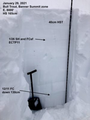 Snowpit on E facing slope at 8000'. Buried surface hoar down 16" produced poor snowpack test scores. The December facet layer is buried more than 4' deep.