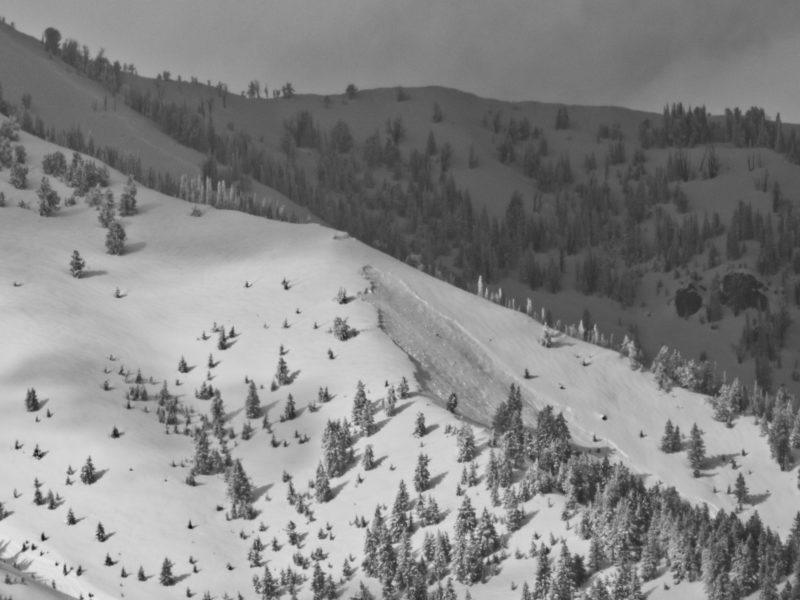 Large avalanches on Durrance above the SNRA headquarters. Note the faint crown running down the subridge in the upper left.