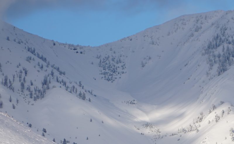 Very large avalanche in the Eagle Creek headwaters. This slide is around 1000' wide (9600', SE-E aspects). Note the evidence of earlier avalanches to the right of the fresh crown. 