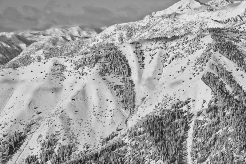 Numerous natural avalanches in the popular ski terrain on Durrance. Sun Valley Heli Ski photo.