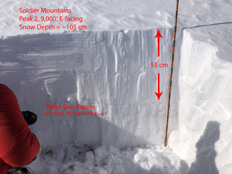 Image of a snow profile on Peak 2 in the Soldier Mountains. The weak layer of facets in the lower third of the snowpack showed propagating results. This was the primary failure layer of the nearby avalanche. 