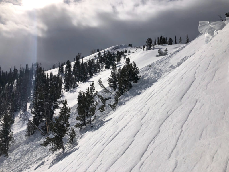 This small wind slab avalanche was remotely-triggered from a point on the ridge about 50 feet away. It broke about 1.5 feet deep and 30 feet wide. The SE-facing slope above Prairie Creek was being actively loaded by the NW wind when the slide occurred.