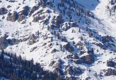 Wet loose avalanches on Boulder Peak gouged down into lower layers in the thin snowpack.