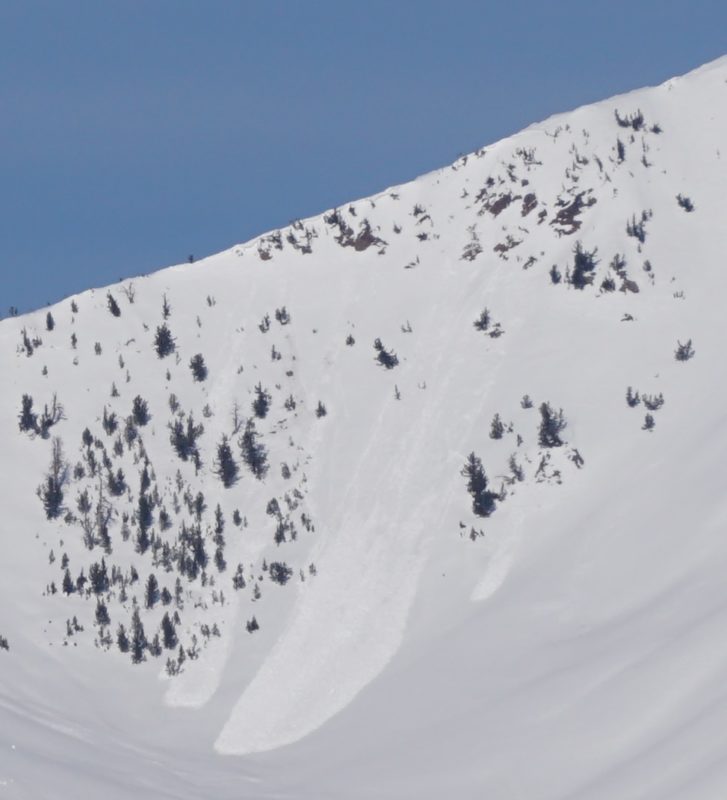 This natural avalanche in the Eagle Ck drainage (SW-9600') began as a wet loose slide and appears to have also failed as a slab lower on the slope. 