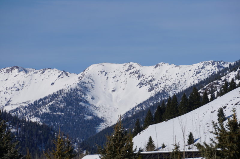 This photo shows two significant natural wet loose avalanches in the N Fork of the Big Wood River drainage just west of Kent Peak. 