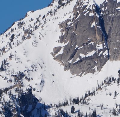 Wet loose avalanches in alpine terrain on the east side of McGown Peak. 