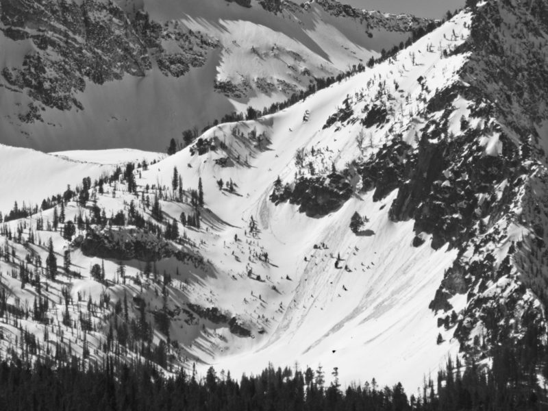 Numerous small wet loose avalanches in the basin below Williams Peak in the northern Sawtooths.