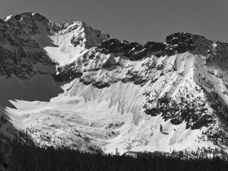 Numerous wet loose avalanches is Meadow Bowl in the northern Sawtooths. Most originated from cliffs on a SE-facing slope.