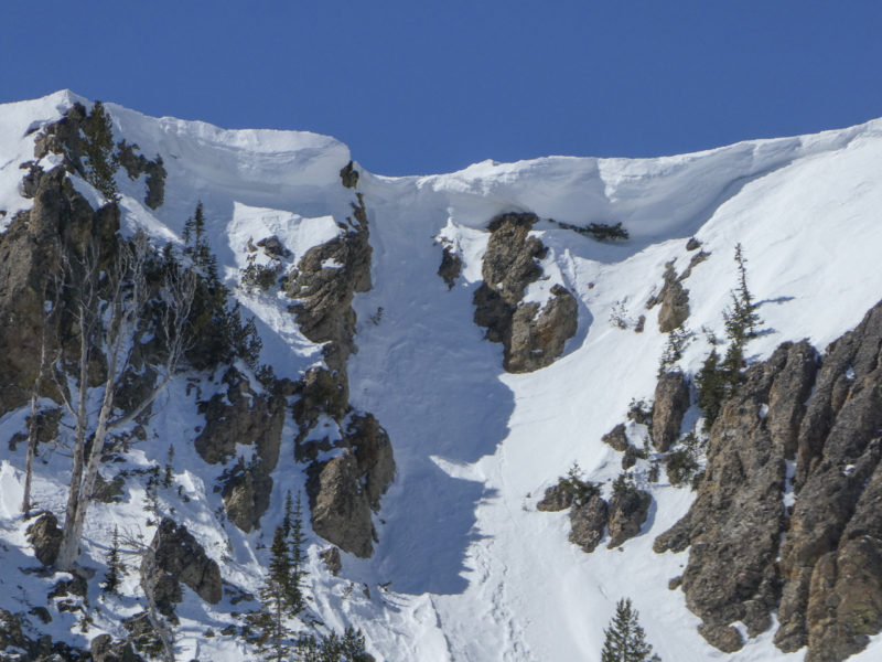 Cornices guarding the entrance to a steep line in the Soldiers. 