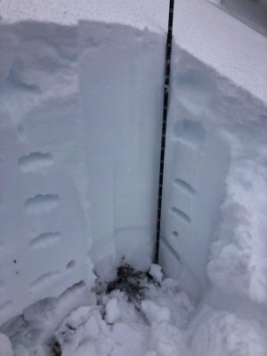 Snowpit in Timber Bowl, 9400', NW. HS 90cm, HST 60cm. Base of storm snow and early Oct snow both moist. ECTX.