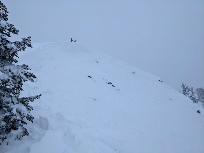 Crown of an avalanche that was remotely triggered from about 30-40' away. Avalanche occurred on a NE-facing slope at 9,900'.