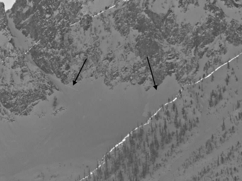 These storm slabs in the northern Sawtooths likely released due to snowfall and wind on 12/31. In the steep terrain of the Sawtooths, spindrift snow falling down from cliffs can form slabs on the aprons below.