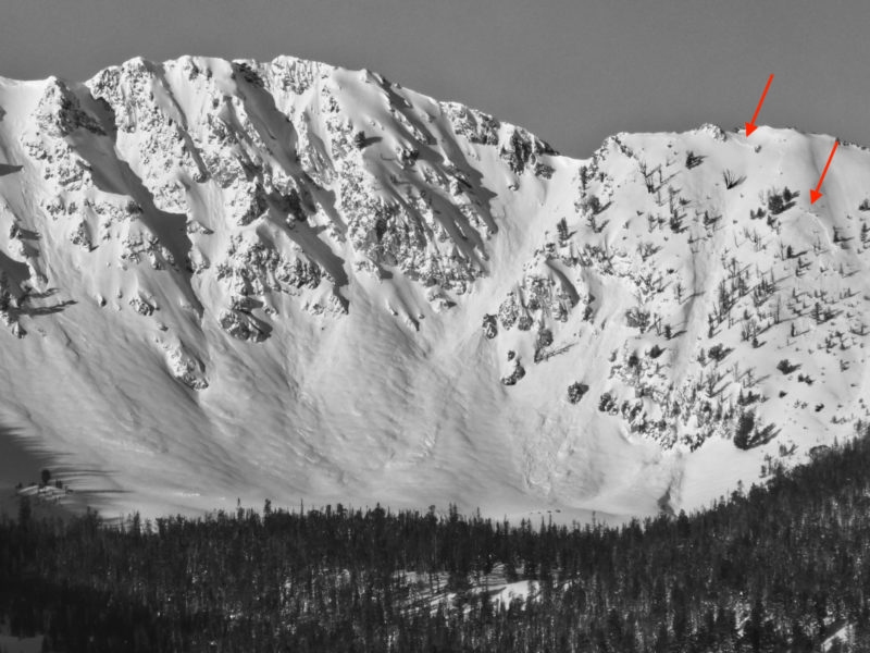 Evidence of multiple avalanches on McDonald Peak that ran at different points during the storm. The most recent ones are in the upper right of the photo. These avalanches likely involved new and windblown snow. 9700', E.
