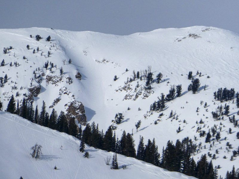 There is a blown in crown and flank visible about 100' off the ridge line in the smooth-looking chute. NE of Smoky Dome on a SE-facing slope at 9,700'.
