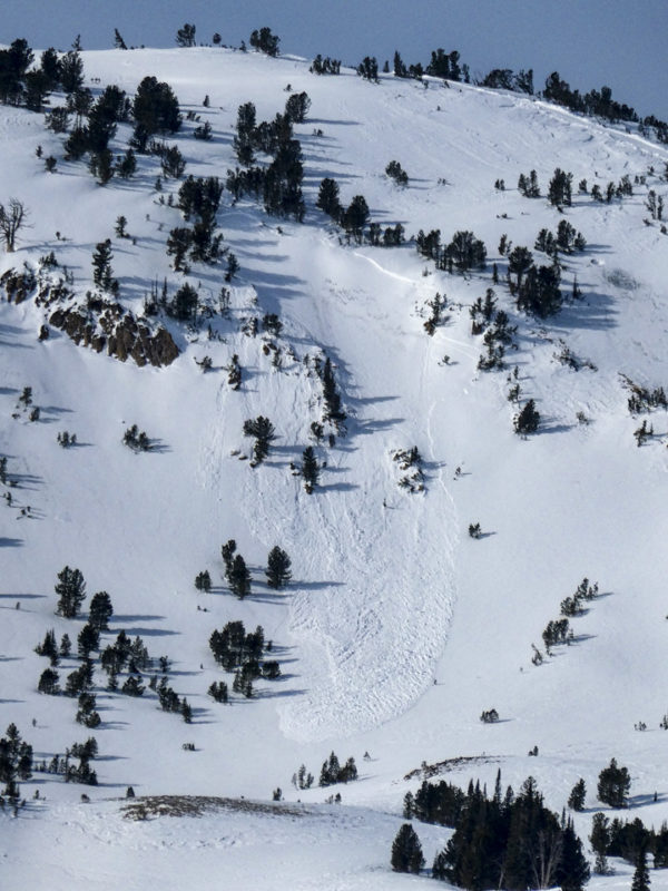 This wind slab avalanche was triggered with explosives during avalanche control work on 1/10/22 by Soldier Mountain Cat Skiing. E-ESE facing slope at 9,300'.